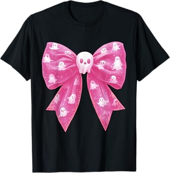 Pink Ghost Bow Coquette Halloween Spooky Season Womens Girls T-Shirt