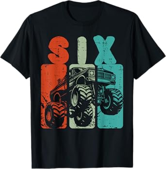 6th Birthday Monster Truck Six Retro 6 Bday Boys Kids Youth T-Shirt