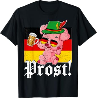Prost Oktoberfest Pig Drinking Beer Alpine Hat Germany Flag T-Shirt