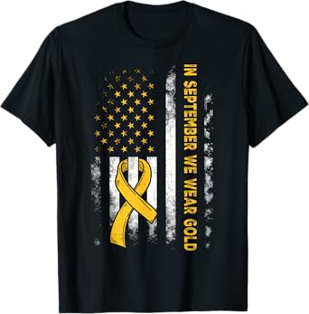 In September We Wear Gold Us Flag Childhood Cancer Awareness T-Shirt