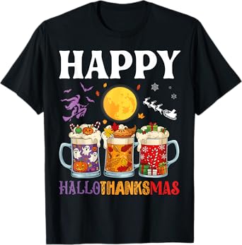 Happy HalloThanksMas Beer Drinker Halloween to Xmas Cheers T-Shirt