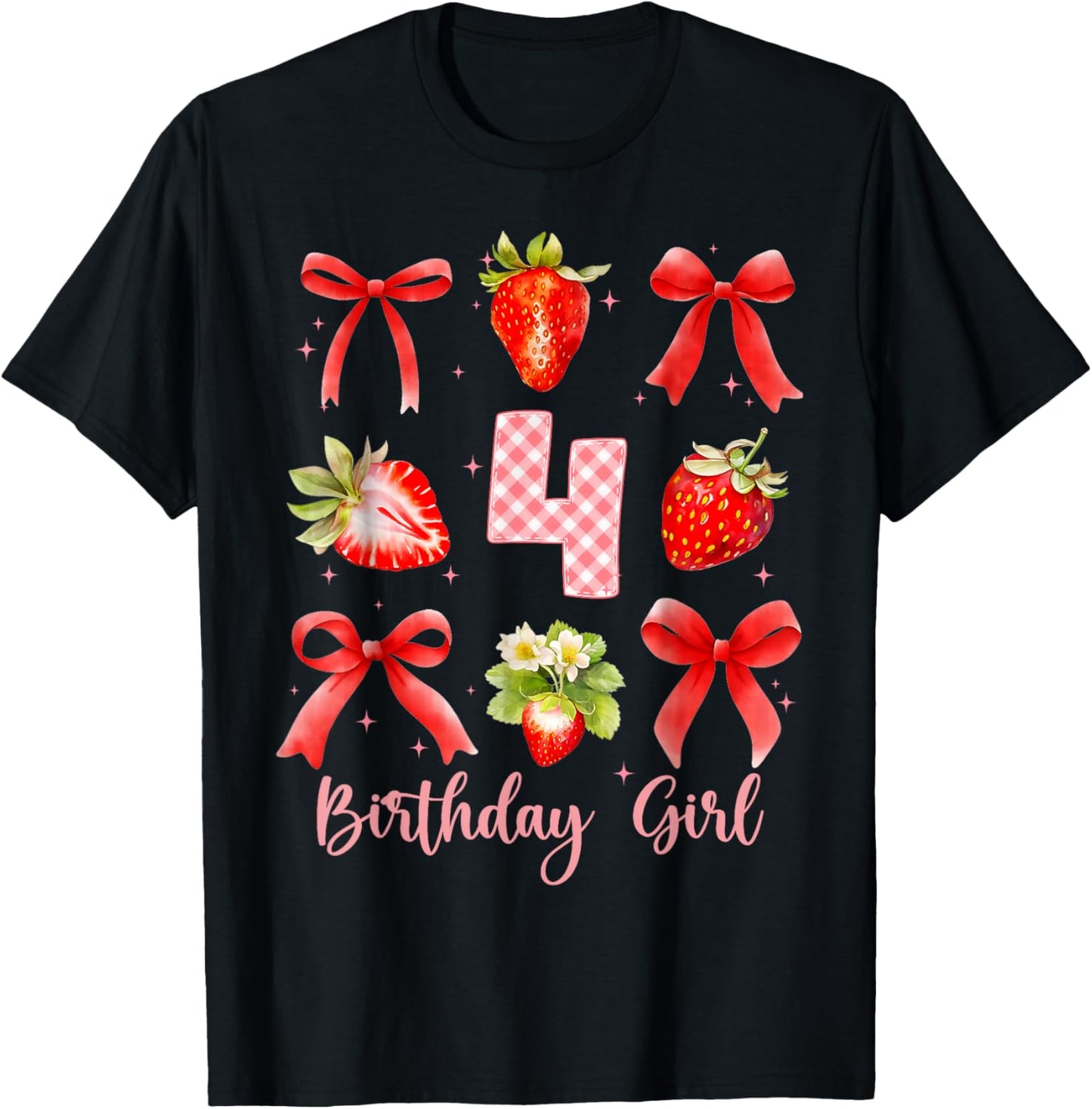 4th Birthday Girl Strawberry Coquette Bow 4 Year Old Bday T-Shirt