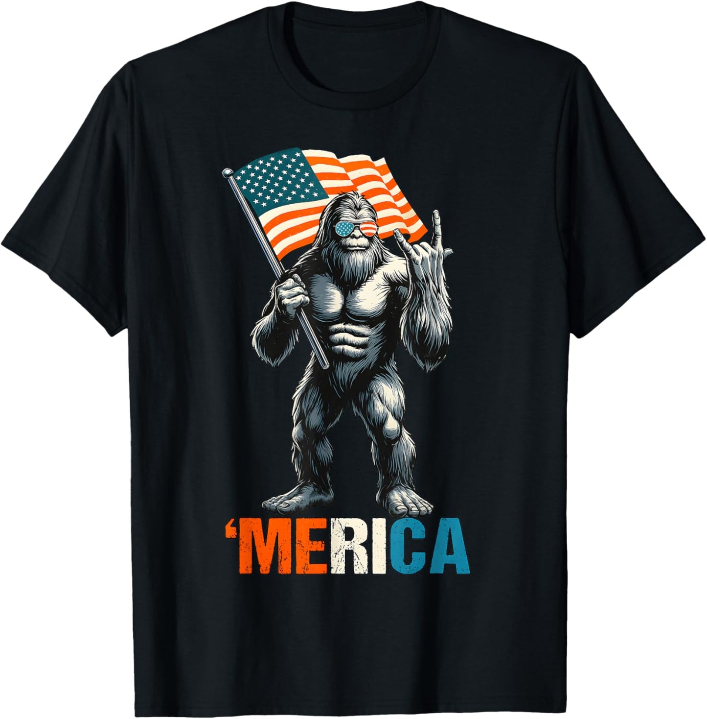 Bigfoot Merica Rock American Flag Patriotic Usa 4th Of July T-shirt