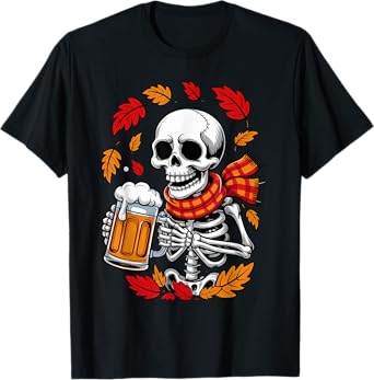 Halloween Skeleton Beer Drinker Funny Autumn Leaves Costume T-Shirt