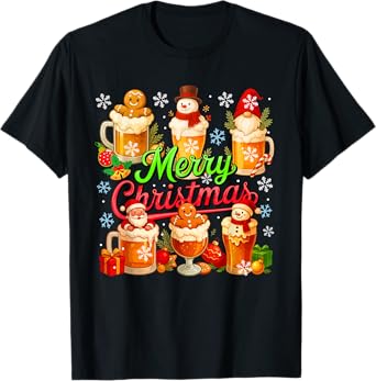 Merry Christmas Group Santa Gnome Cookies in Beer Glasses T-Shirt