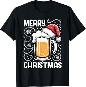 Funny Christmas Pajama Outfit Men Women Beer Mug Santa Hat T-Shirt