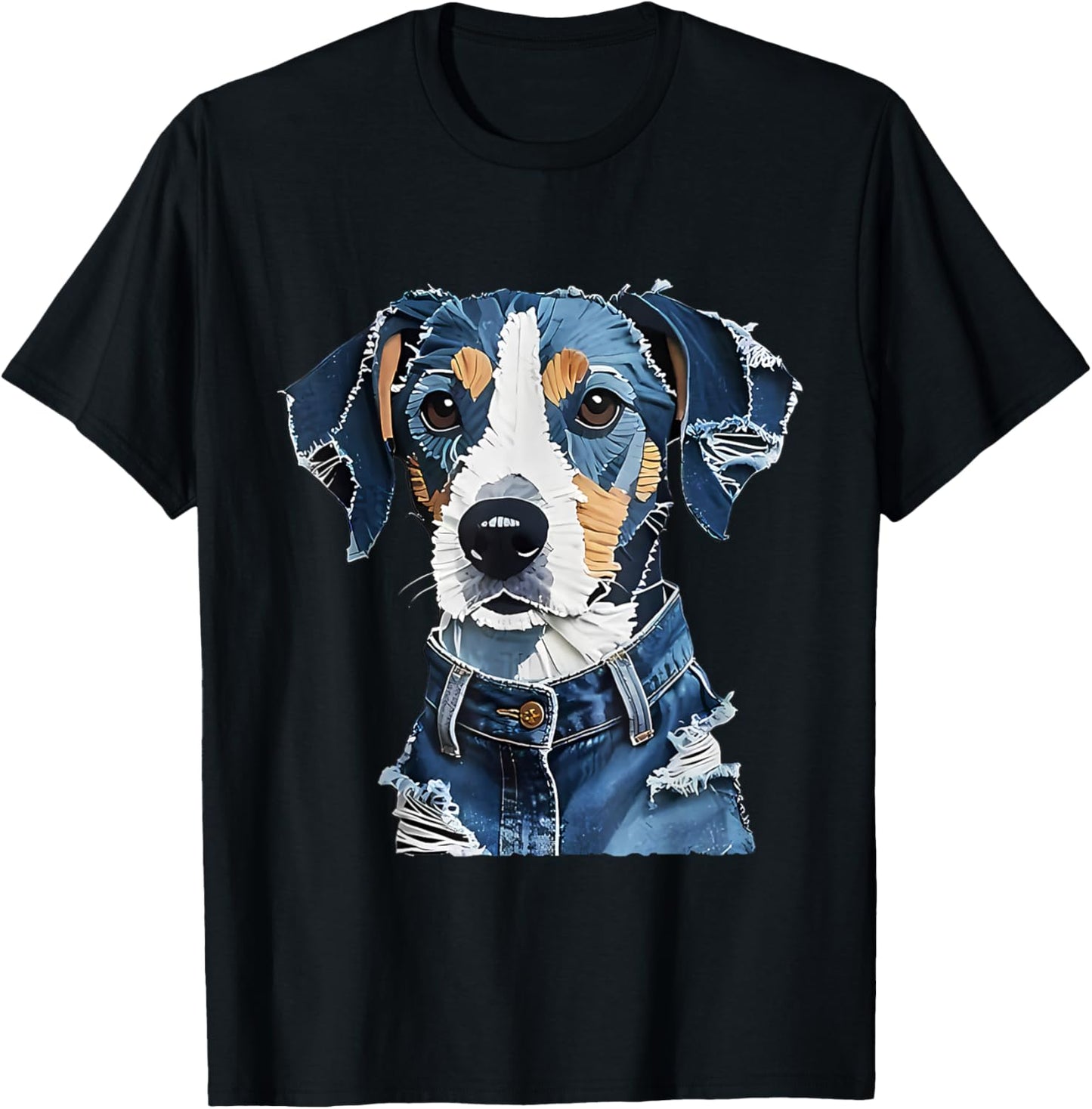 Funny Retro Denim Patch Animal Dog print T-Shirt