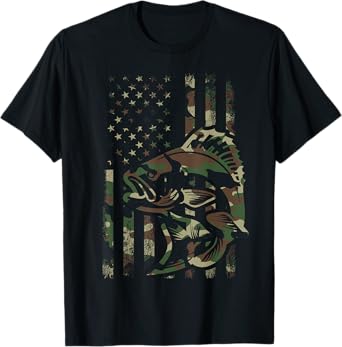 Camo Fishing Men Boys American Flag Bass Fishing T-Shirt
