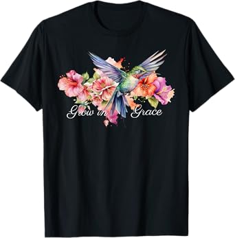 Grow In Grace Flower Hummingbird Christian Bible Verse T-Shirt