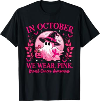 In October We Wear Pink Shirt Ghost Halloween Breast Cancer T-Shirt