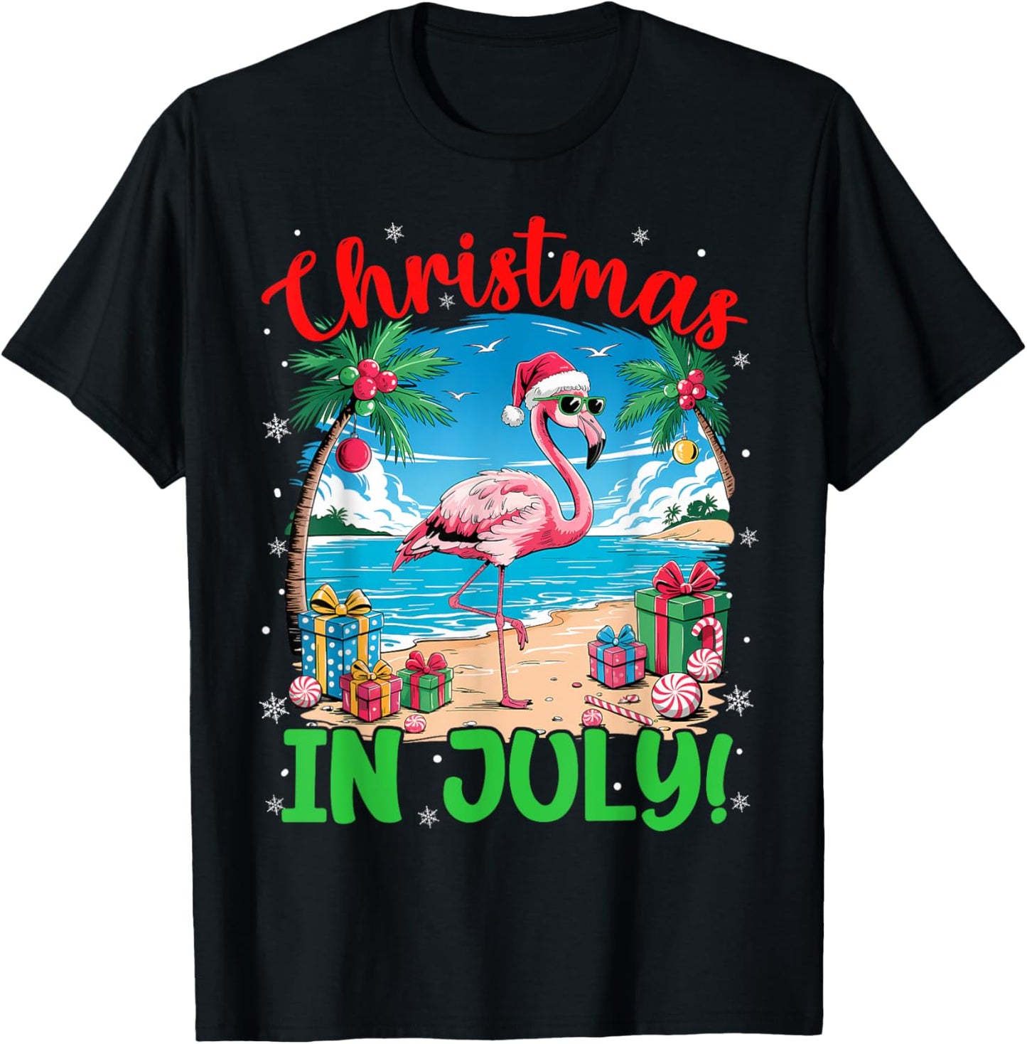 Funny Flamingo Santa Hat Christmas In July Beach Summer T-shirt