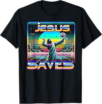 80s Vaporwave Jesus Saves Volleyball T-Shirt