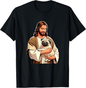 Pug Jesus byAxisone Unisex-Adults Kids T-Shirt Black Small Cartoon Christmas