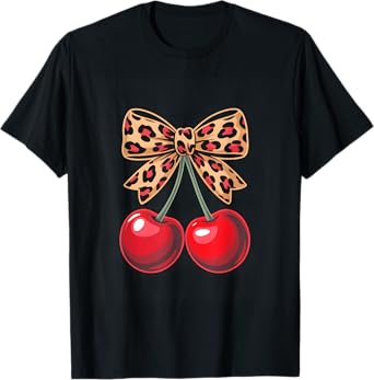 Leopard Print Bow And Bright Cherries Coquette T-Shirt