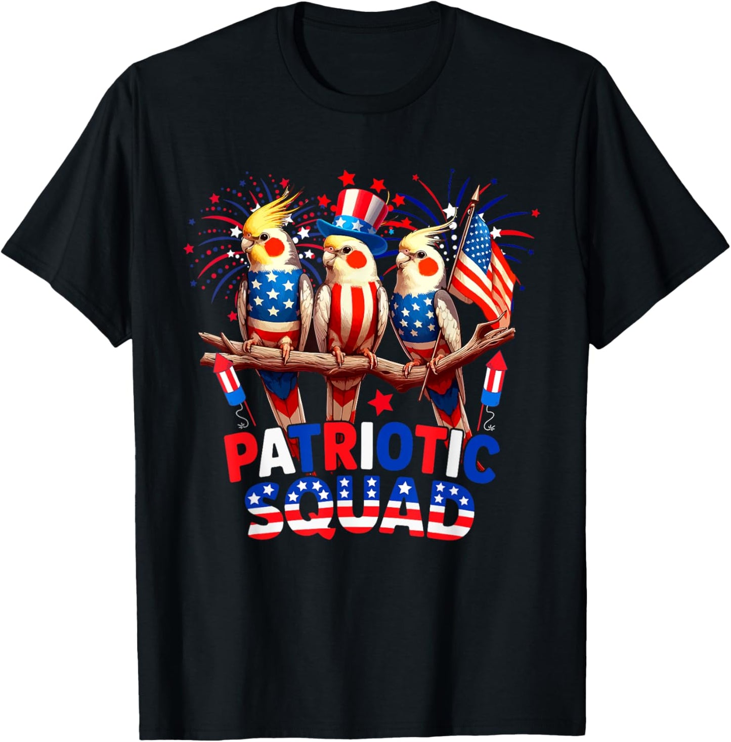 Patriotic Squad Three Cute Cockatiels 4th Of July Us Flag T-shirt