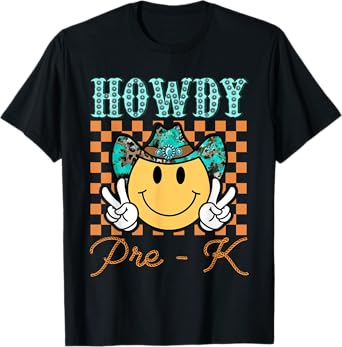 Howdy Pre-K Retro Cowboy Cowgirl Western Teacher Kids T-Shirt