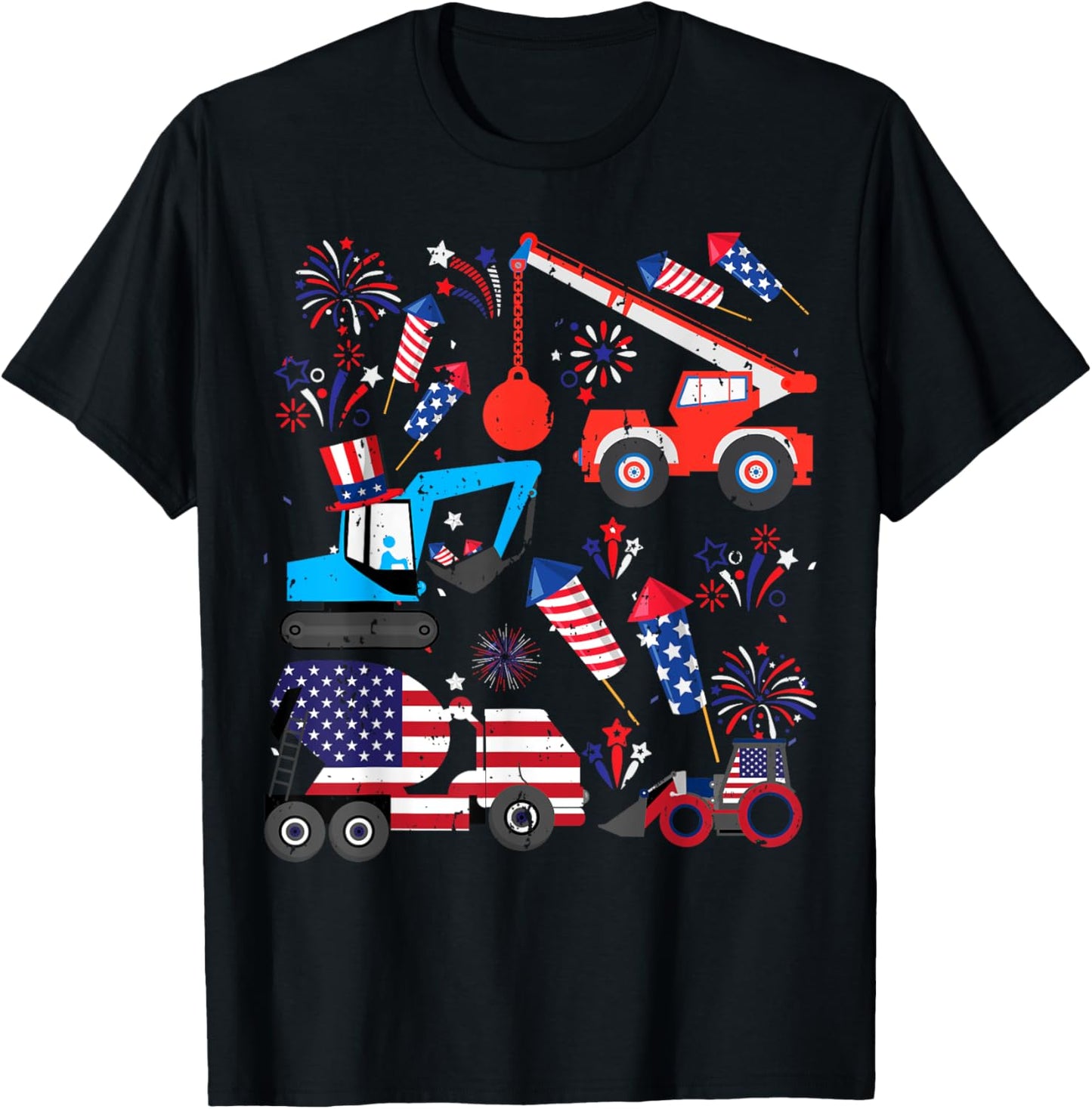 Funny Kids Boys 4th Of July Construction Trucks Vehicle T-shirt