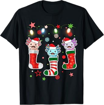 Kawaii Axolotl Christmas Stocking Kid Youth Teen Pajamas Pjs T-Shirt