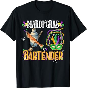 Mardi Gras Bartender Cute Masked Beads Funny Bartender Lover T-Shirt