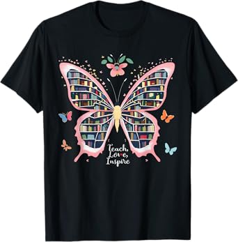 Teach Love Inspire Teacher Butterfly Books Back To School T-Shirt