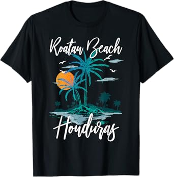 Family Vacation Retro Sunset Honduras Roatan Beach T-Shirt for Men Women Girls Kids