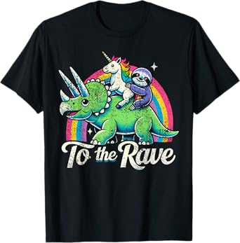 Techno Party Unicorn Sloth Dinosaur Rave Music T-Shirt