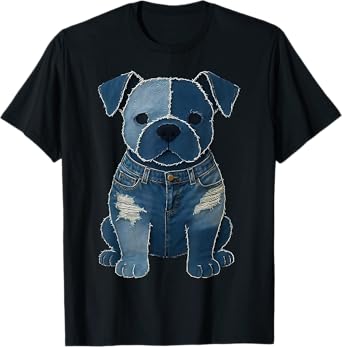 retro funny denim patch animal dog print T-Shirt for Men Women
