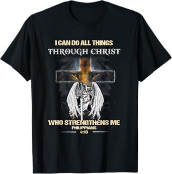 Philippians 4:13 Christian Verse Gift Lion Cross Men Knight T-Shirt