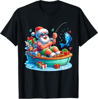 Funny Santa Claus Fishing Christmas In July Beach Boy Kids T-Shirt