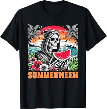 Summerween Skeleton Tropical Beach Scene T-Shirt