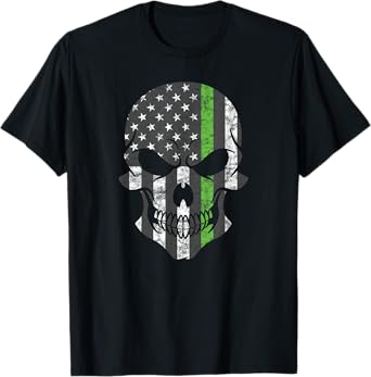 Green Thin Line USA Flag Skull Support Border Patrol Agents T-Shirt