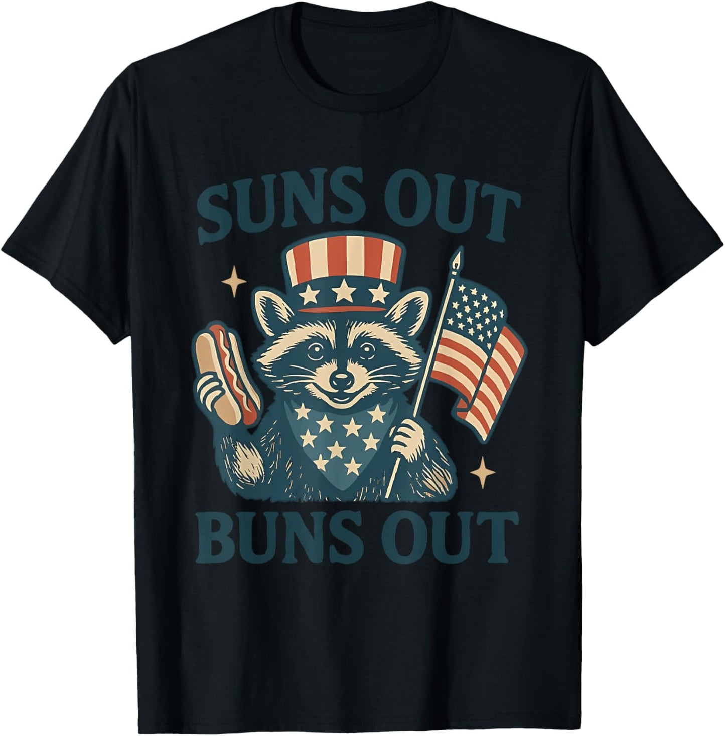 Retro Suns Out Buns Out Cute Hot Dog Reccoon Fourth of July T-Shirt