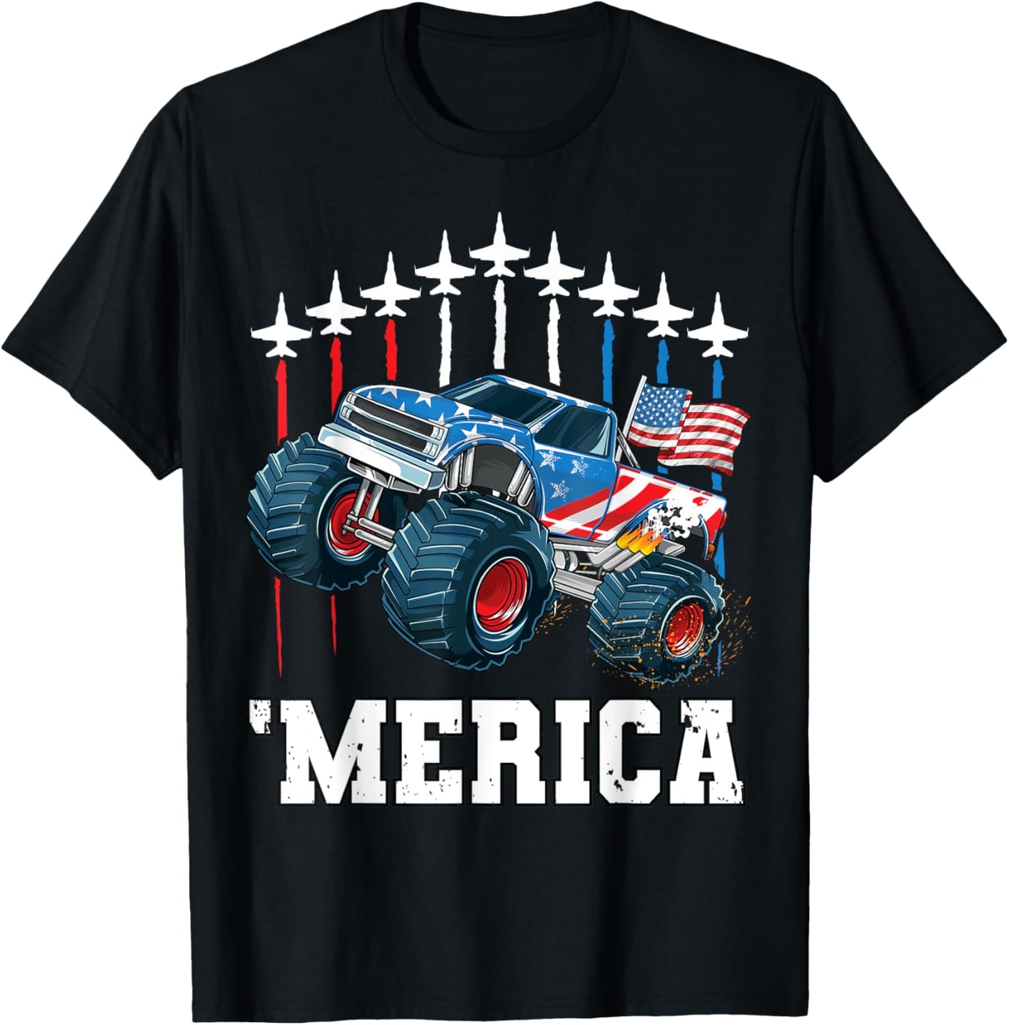 Monster Truck USA Flag Merica Boys Kids Men 4th of July T-Shirt