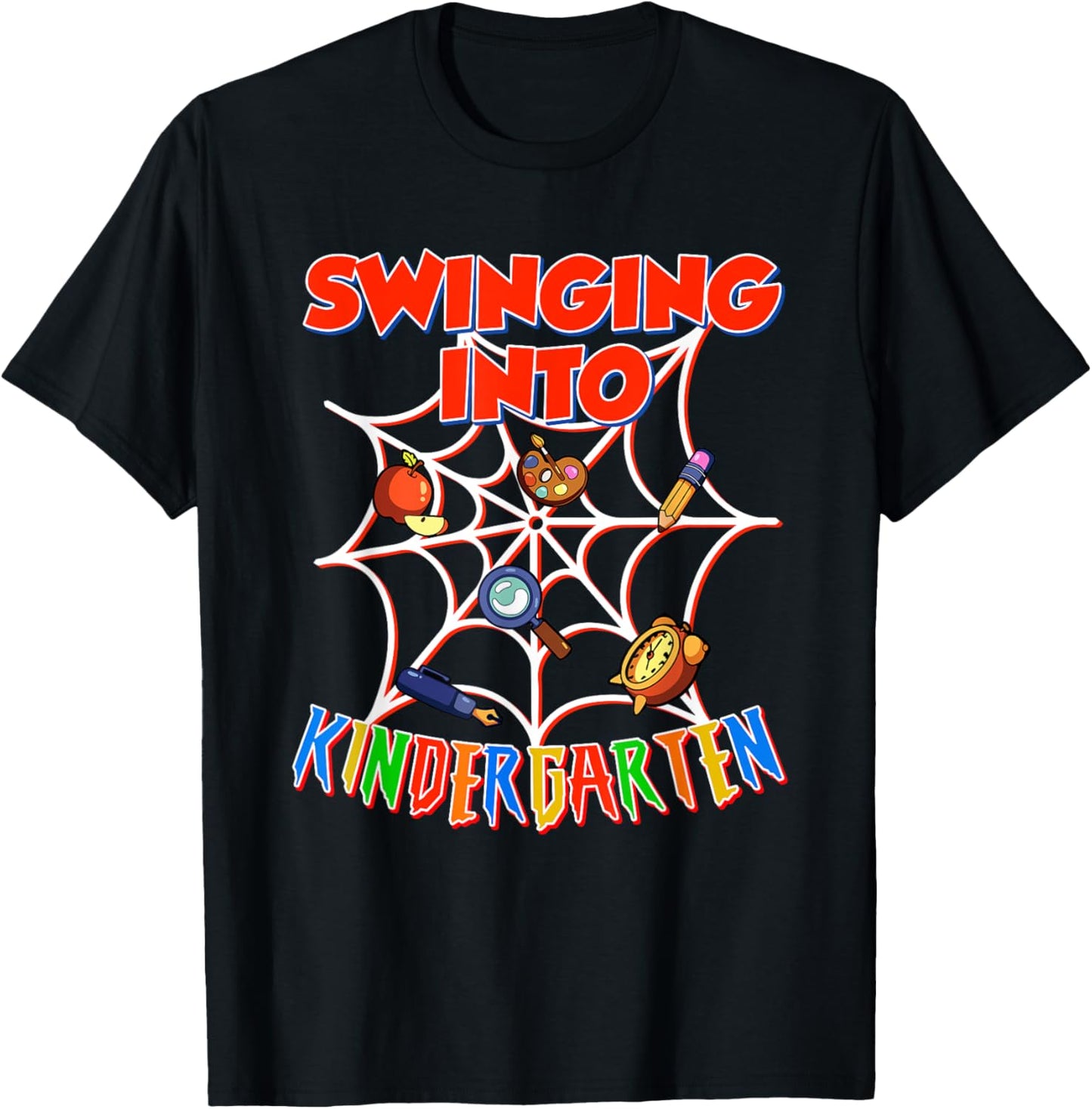 Spider Swinging Into Kindergarten First Day Of School Kids Boys Girls Tee by TeeBrew