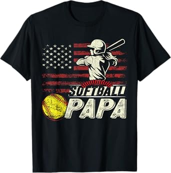 Softball Papa US Flag Gifts For Papa Patriotic Fathers Day T-Shirt