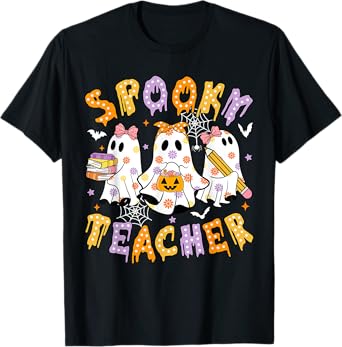 Spooky Teacher Groovy Teacher Halloween Floral Ghost Kids T-Shirt