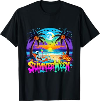 Summerween Skeleton Ghost Beach Funny Spooky Halloween T-Shirt