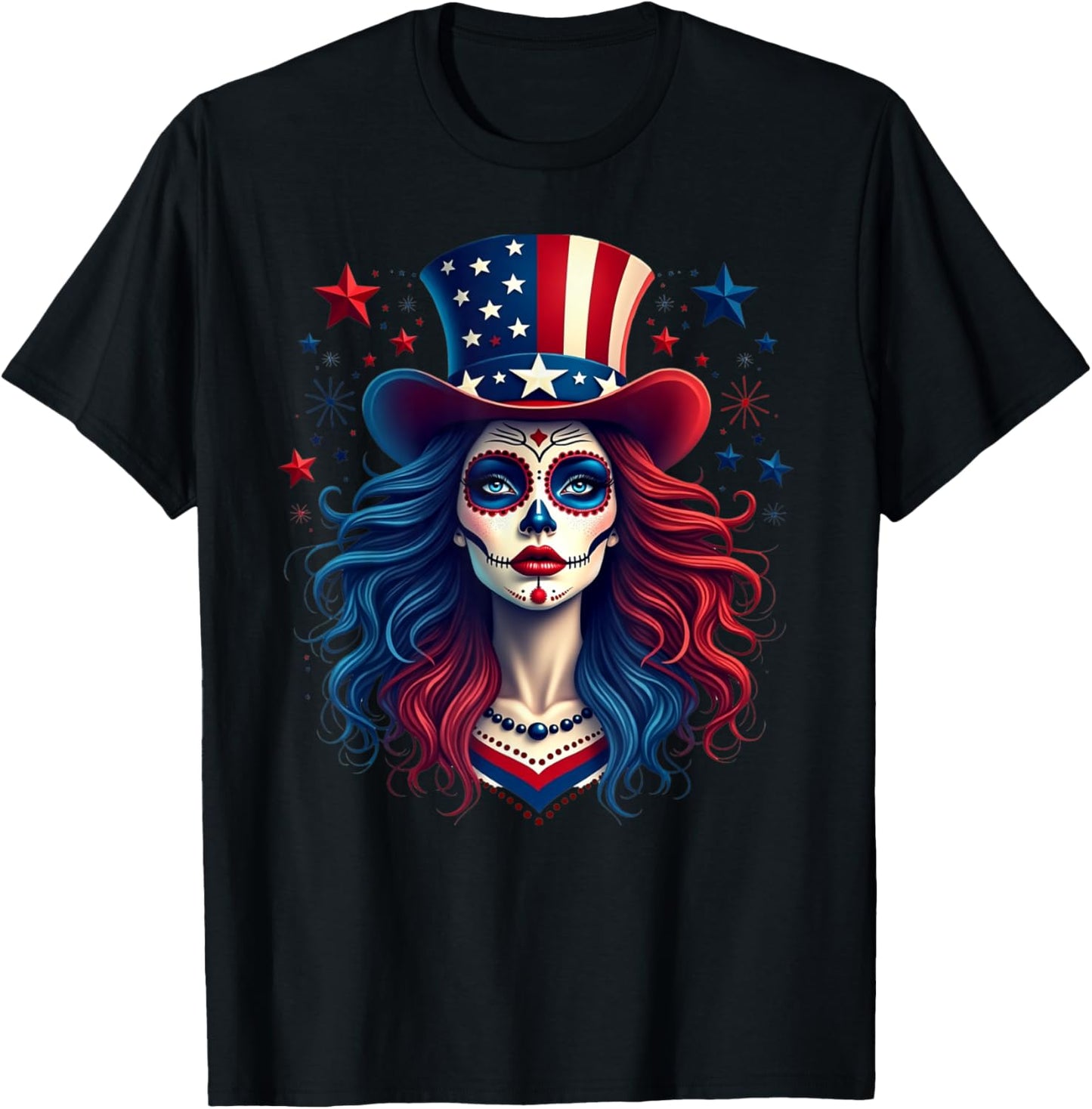 Sugar Skull 4th Of July American Flag Skeleton Women T-Shirt