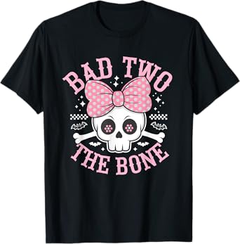 Bad Two The Bone Skull with Pink Bow for Halloween T-Shirt