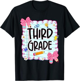 Third Grade Bow Pencil Teacher Student Back To School T-Shirt