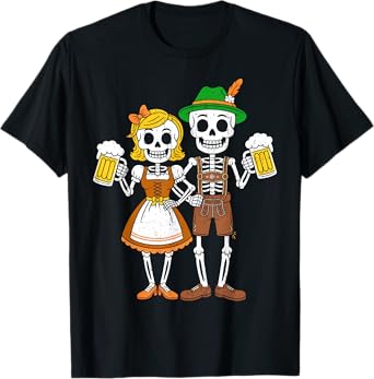 Funny Skeleton Couple Oktoberfest Pretzel Beer Party Adults T-Shirt