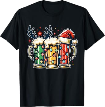 Funny Santa Reindeer Beer Christmas Lights Merry Xmas Beer T-Shirt