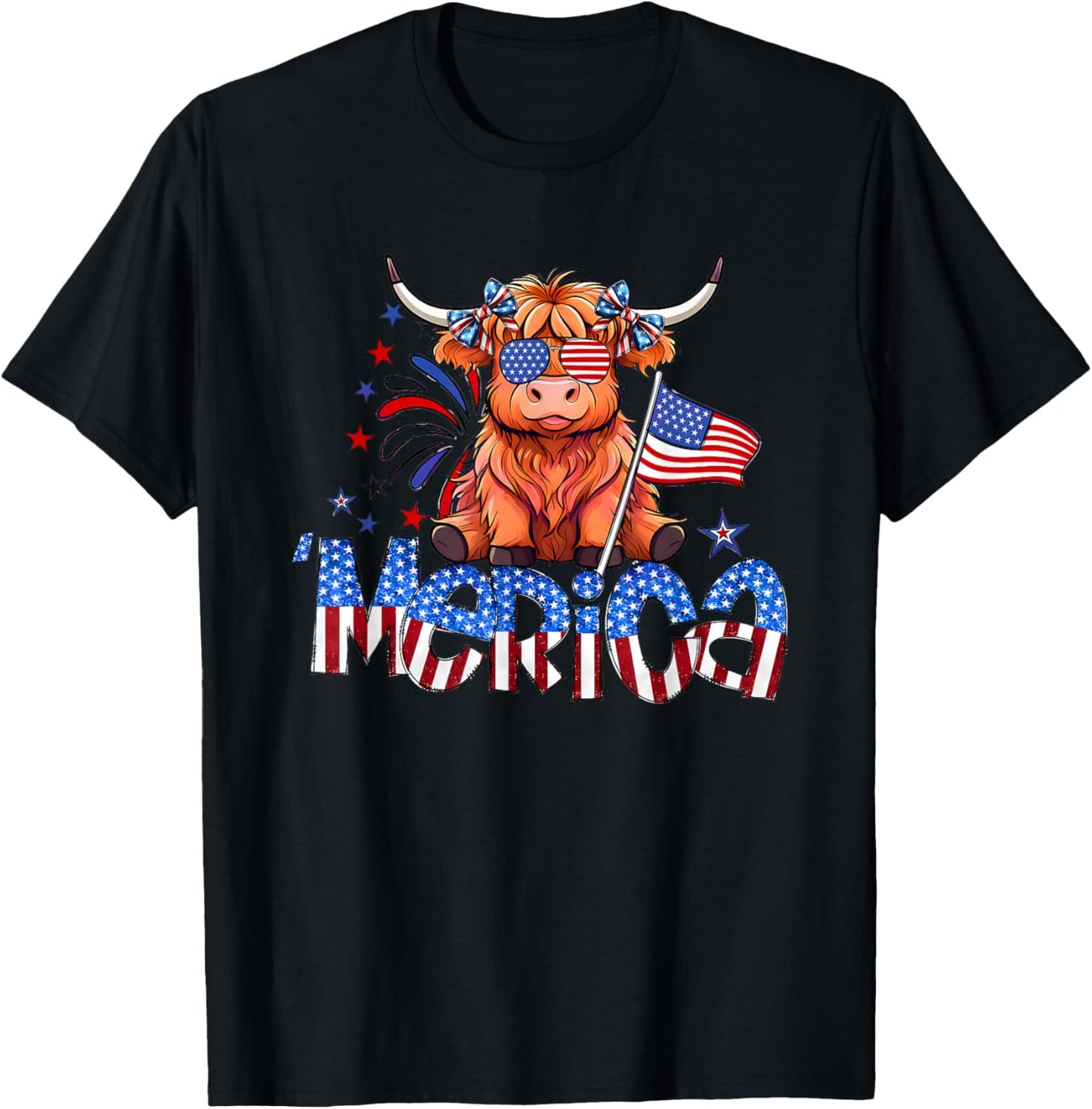 Retro Merica 4th Of July Highland Cow T-Shirt