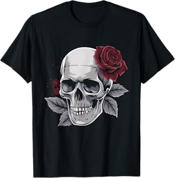 Rose Skeleton Skull Hand with Red Flower Design T-Shirt