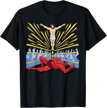 Jesus Wrestling Satan Religious Christian Funny Graphic Tee T-Shirt