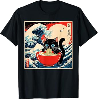 Cat Ramen Japanese Funny Graphic Tees Kawaii Cat Anime Gifts T-Shirt