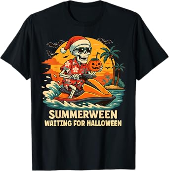 Skeleton Riding Water Scooter Summer Vibes Halloween Funny T-Shirt