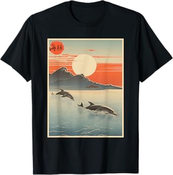 Vintage Japanese Scenery Fish Dolphin Kanji T-Shirt