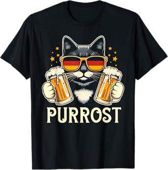 Funny Oktoberfest Cat Kitty Bavarian Drinking Beer Purrost T-Shirt