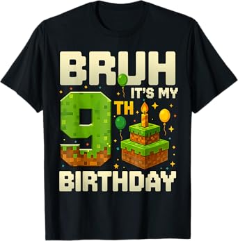 Funny Birthday Boy Bruh It's My 9th Birthday Game Pixel T-Shirt